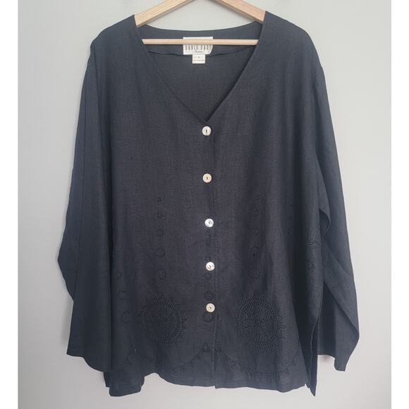 David Dart Top Womens 1X Linen Blouse Embroidered Button Up Shirt Black - Picture 1 of 12